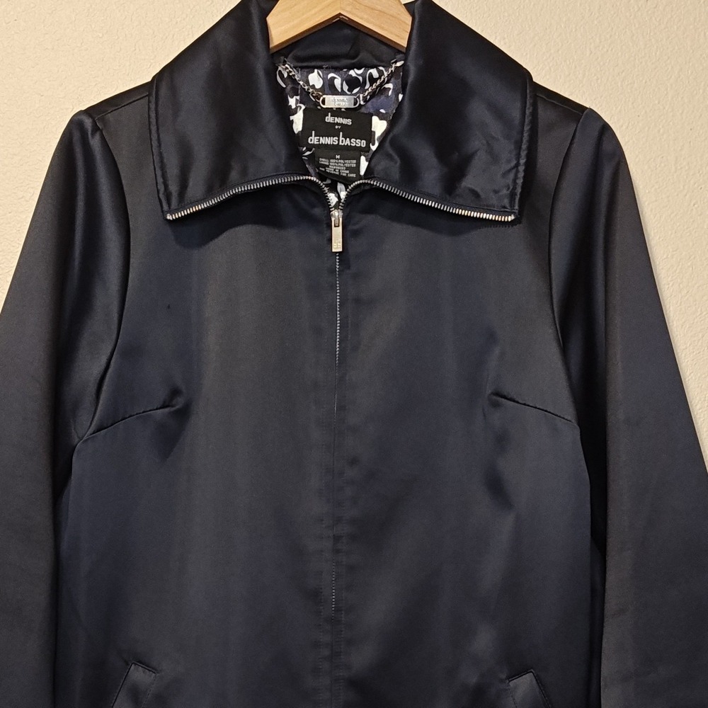 Dennis Basso Jacket Womens Medium Navy Blue Satin Zip Front Leopard Lined 3/4 Sl - Picture 3 of 13